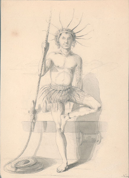 Seorang pria Tuvalu dalam pakaian tradisional digambar oleh Alfred Agate pada tahun 1841, selama Ekspedisi Penjelajahan Amerika Serikat.