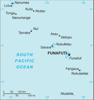 Peta Tuvalu, menunjukkan kota-kota utama dan pulau-pulau.