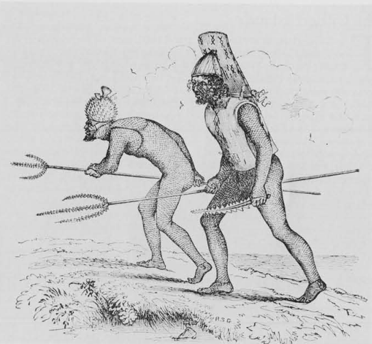 Pahlawan-pahlawan Kiribati dari Tabiteuea, dengan senjata gigi jerung Leiomano, sekitar tahun 1841