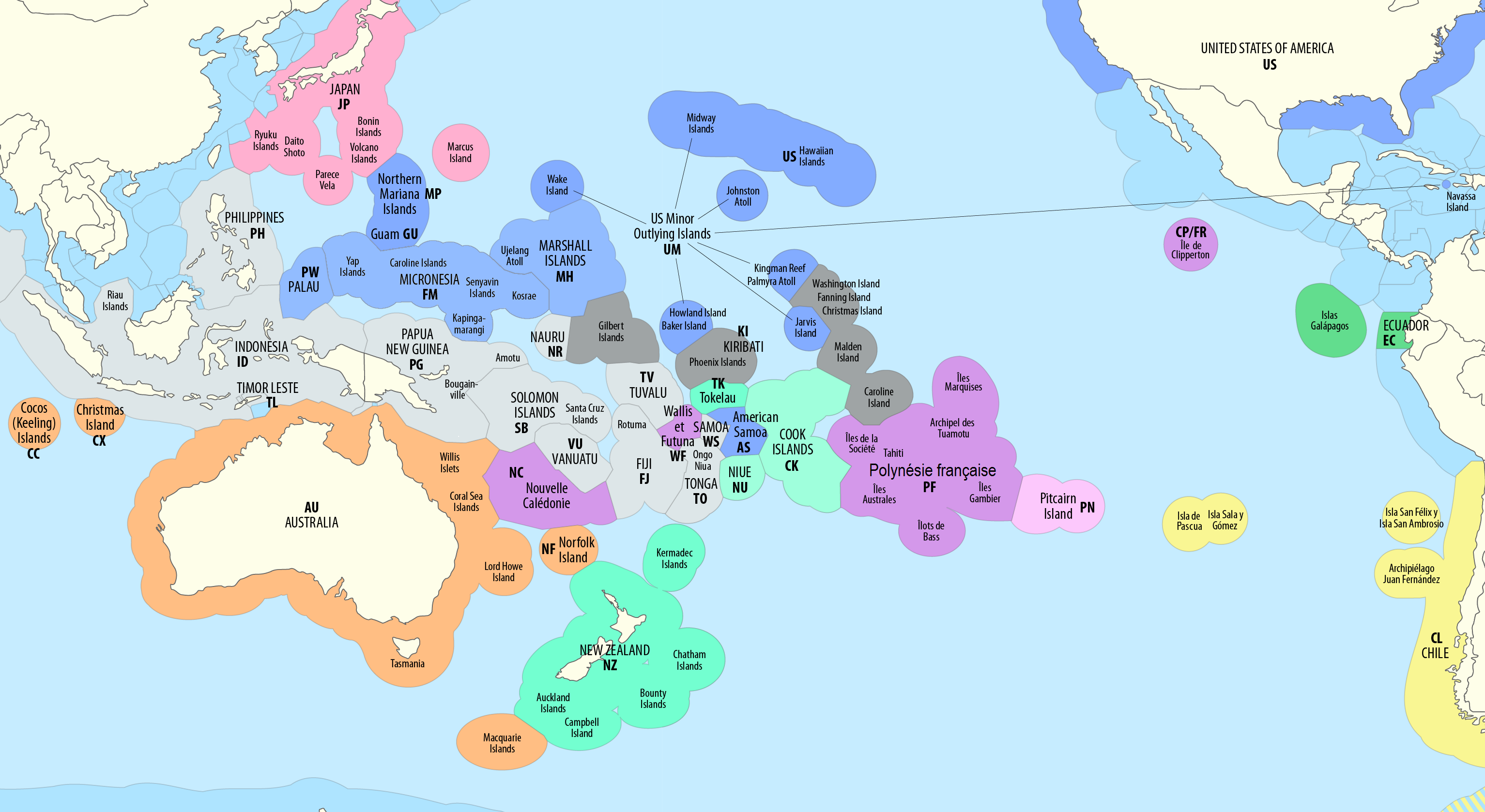Kiribati dengan EEZ di sekelilingnya dalam warna kelabu gelap, menunjukkan tiga wilayah yang tidak bersambung