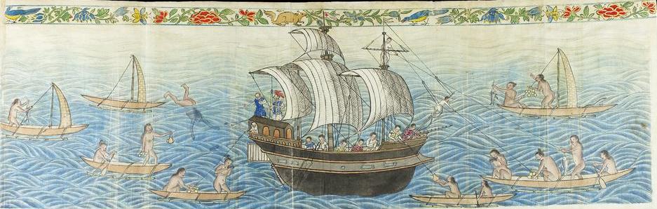 Galleon Manila di Kepulauan Mariana dan Kepulauan Caroline, sekitar 1590, dari Kodeks Boxer.
