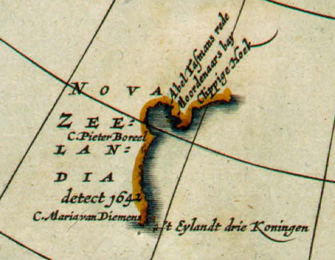 Perincian daripada peta tahun 1657 yang menunjukkan garis pantai barat Nova ZeelandiaNova ZeelandiaBahasa Latin (dalam peta ini, utara berada di bahagian bawah).