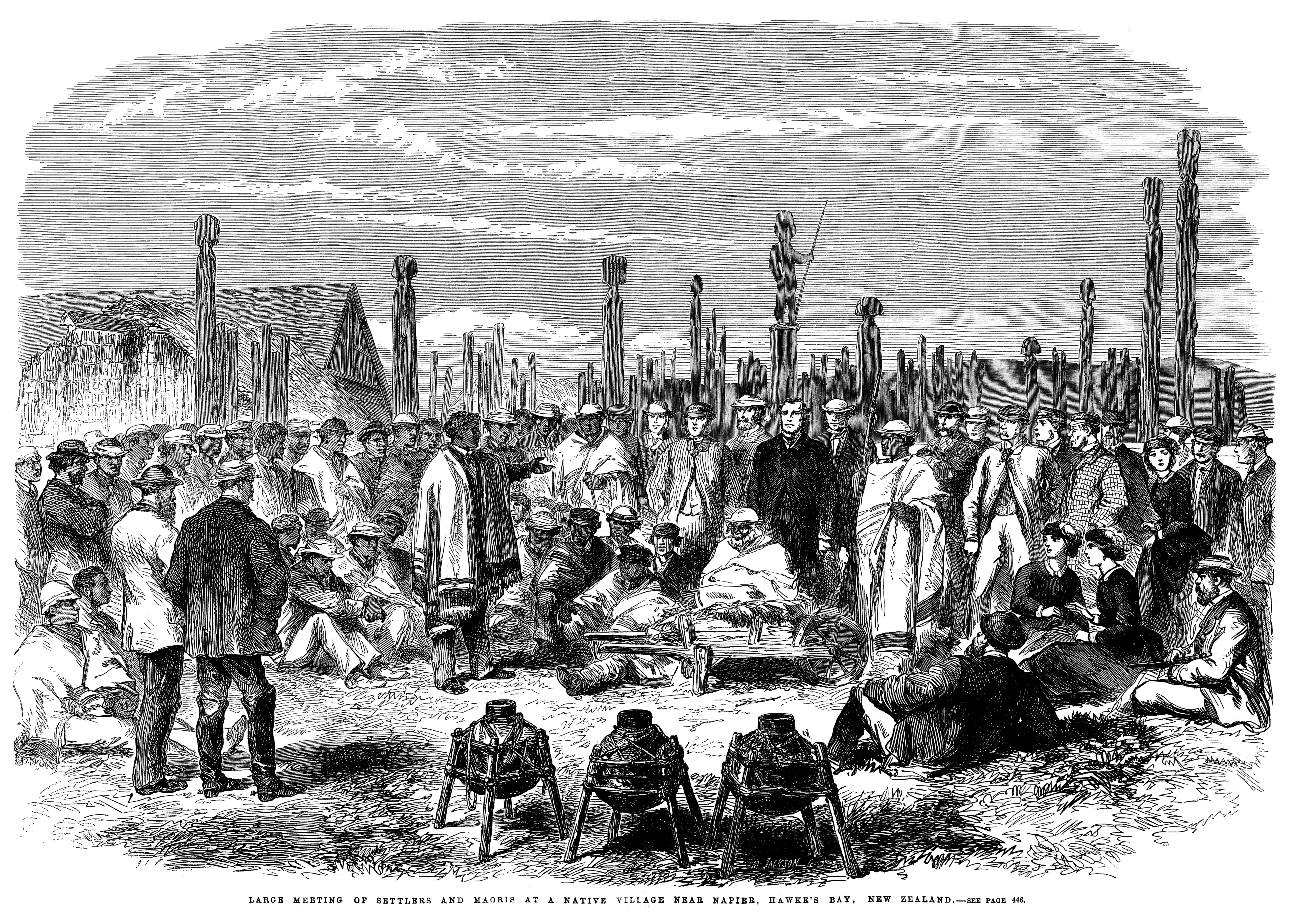Pertemuan penduduk Eropah dan Māori di Wilayah Hawke's Bay. Ukiran, 1863.