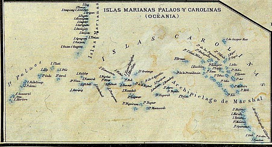 Peta tahun 1888 menunjukkan Kepulauan Palau dalam Hindia Timur Sepanyol (tidak termasuk Kepulauan Filipina).
