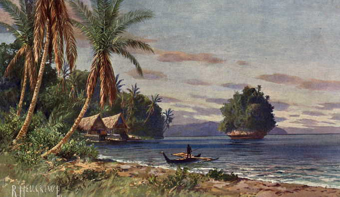 Kampung di Kepulauan Palau, lukisan oleh Rudolf Hellgrewe sekitar tahun 1908.