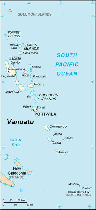 Peta Vanuatu dengan ibu kotanya, Port Vila, terletak di pulau ketiga terbesarnya.