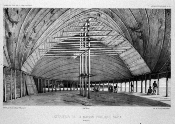 Interior rumah Samoa, Apia, oleh Louis Auguste de Sainson yang menyertai Jules Dumont d'Urville, 1842.