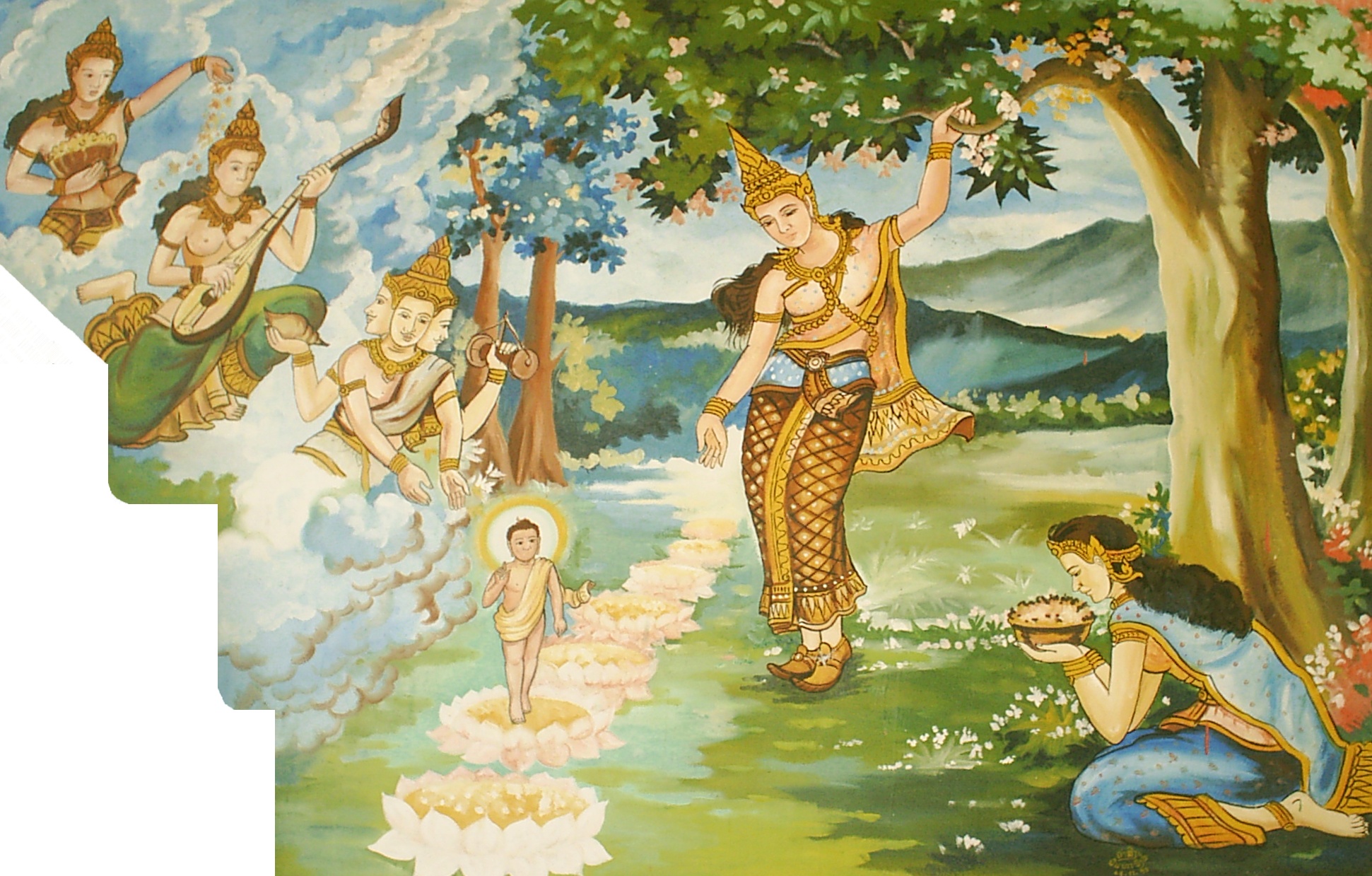 Lukisan di sebuah kuil Laos ini menggambarkan legenda seputar kelahiran Sang Buddha sekitar tahun 563 SM di Lumbini, Nepal Barat.