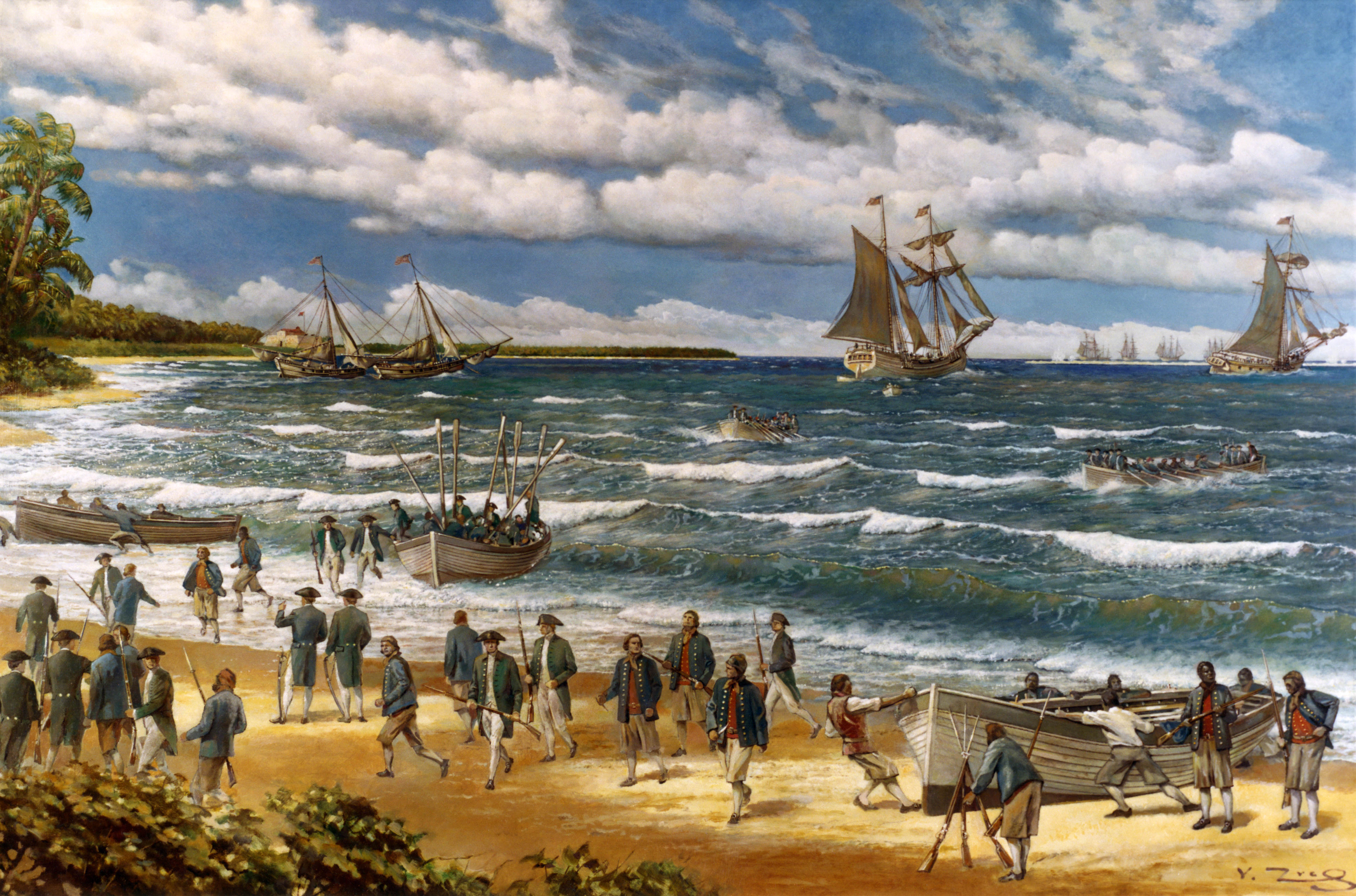 Marinir Kontinental mendarat di New Providence selama Pertempuran Nassau pada tahun 1776