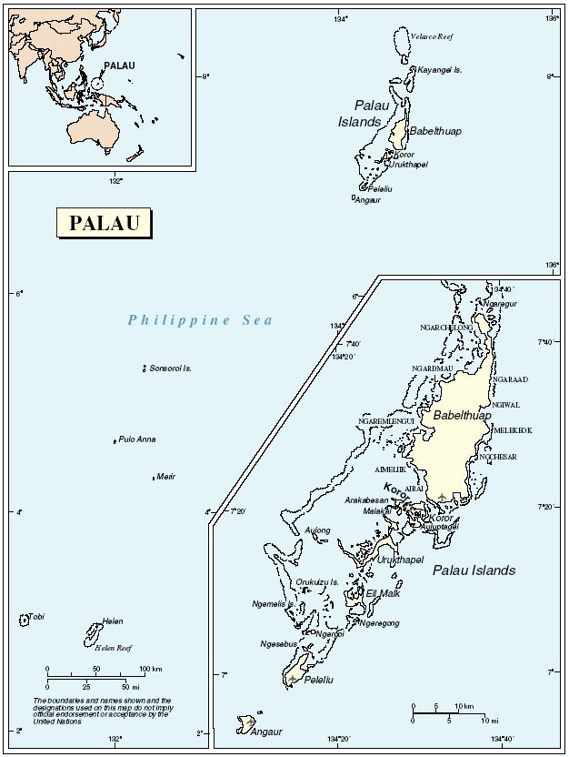 Peta Palau yang menunjukkan lokasi pulau-pulau utama.