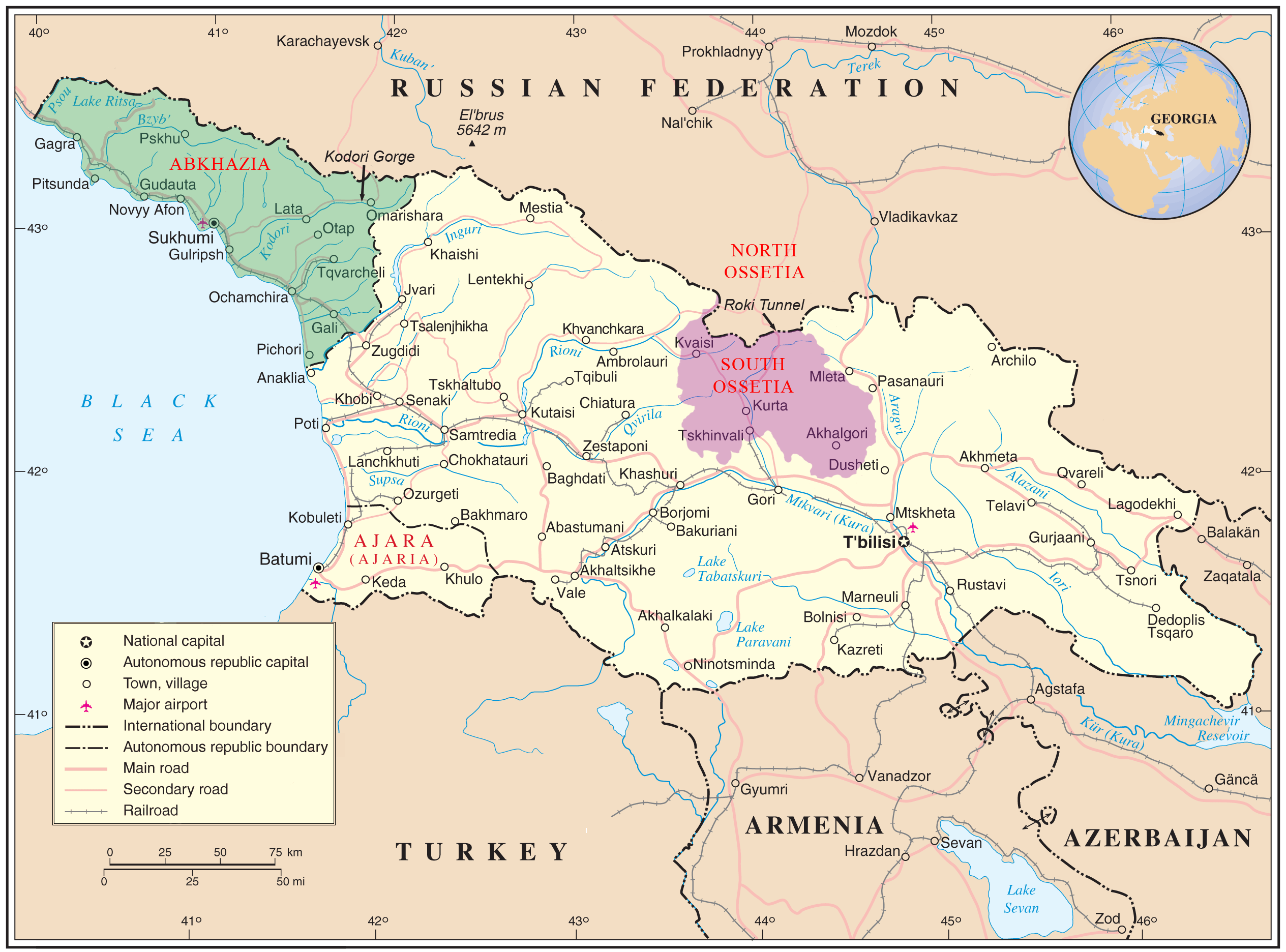 Peta Georgia yang menyorot Ossetia Selatan (ungu) dan Abkhazia (hijau)