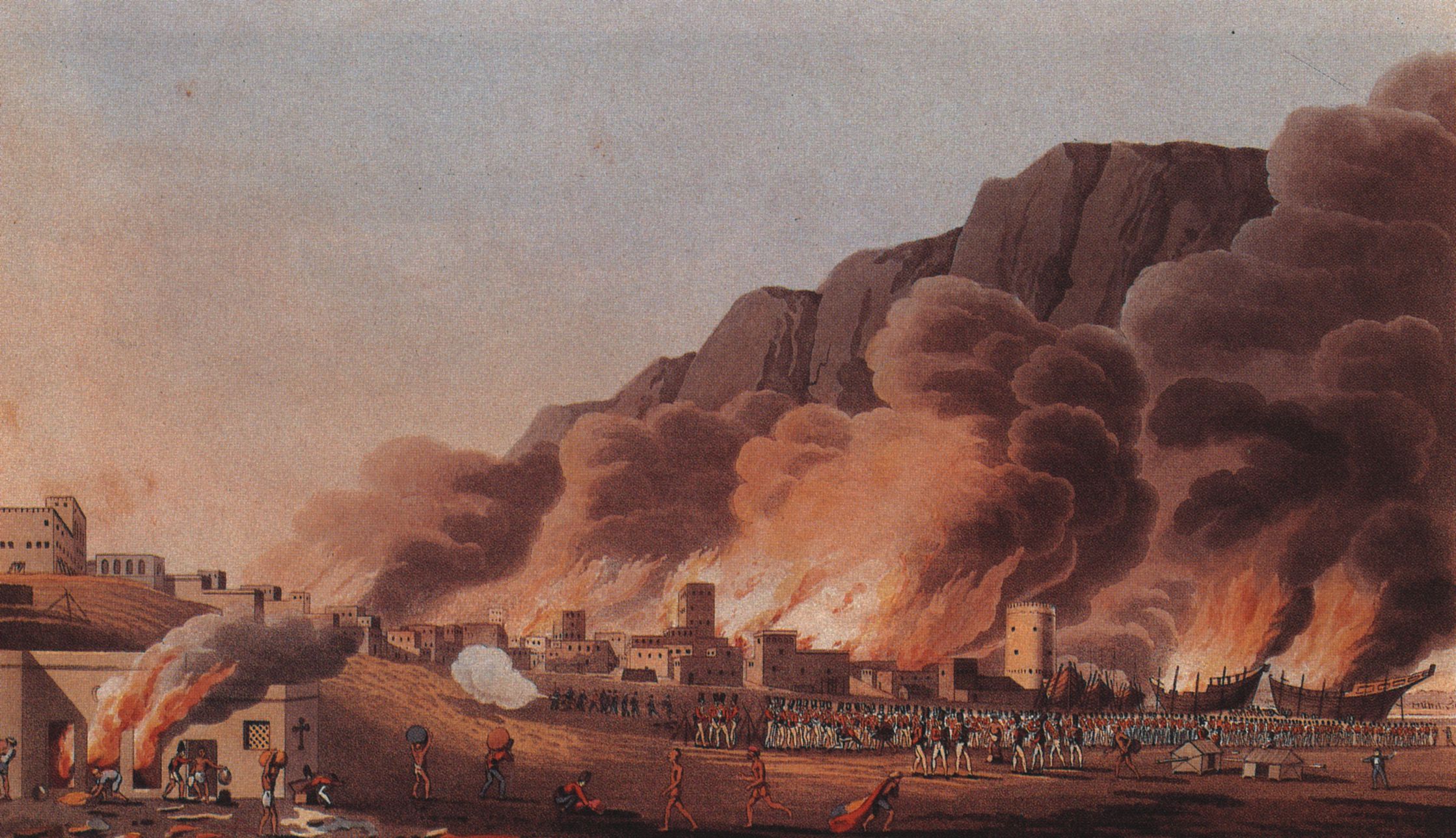 Sebuah lukisan yang menggambarkan pembakaran kota pesisir dan pelabuhan Emirat Ras Al Khaimah selama Kampanye Teluk Persia 1809