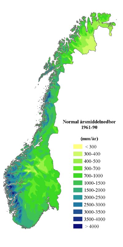 Peta Norway menunjukkan kerpasan normal (purata tahunan). Tempoh 1961-1990.