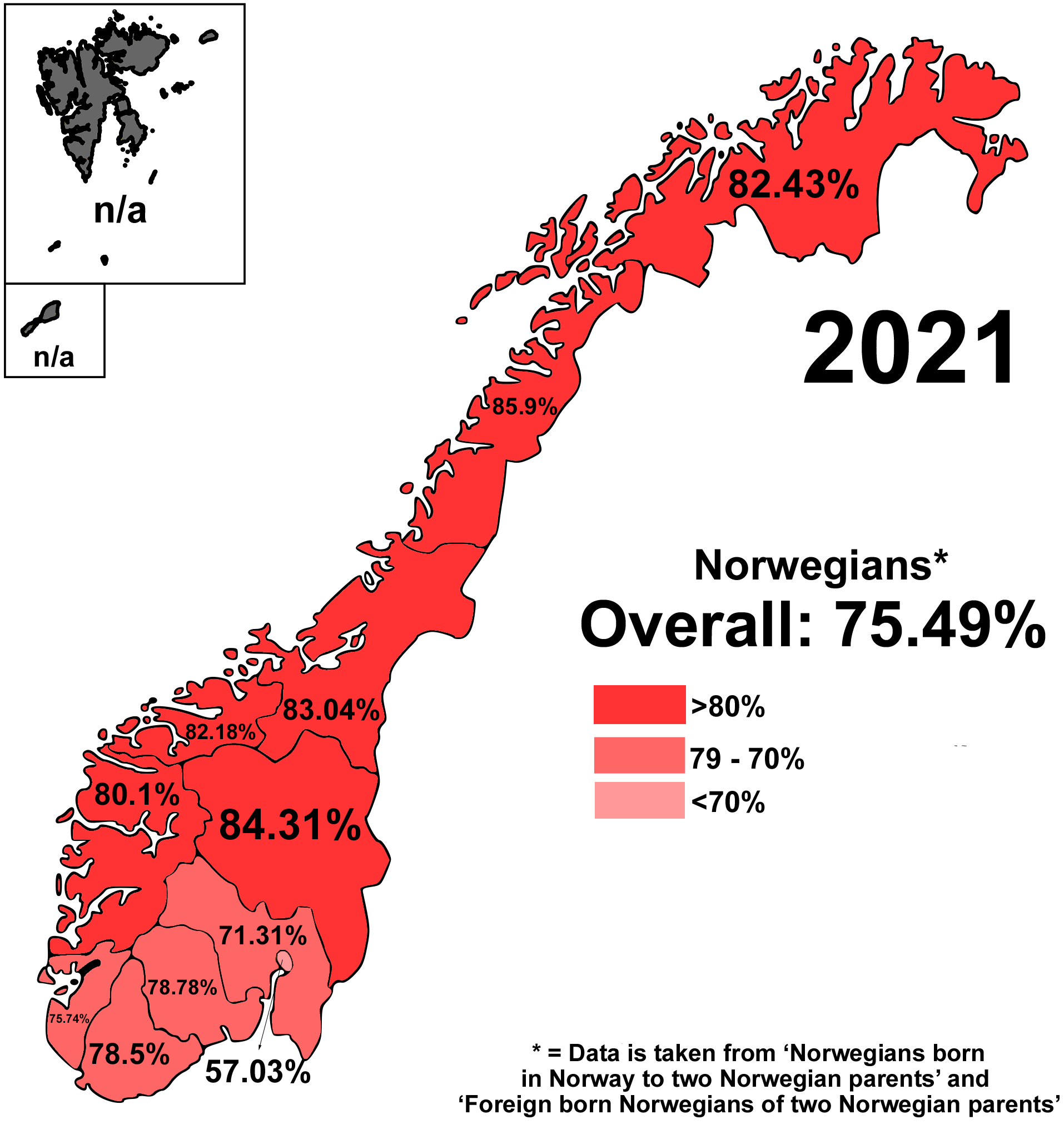 Peratusan rakyat Norway yang dilahirkan oleh dua ibu bapa Norway, sama ada dilahirkan di luar negara atau di Norway secara proporsional dan nasional di Norway pada tahun 2021