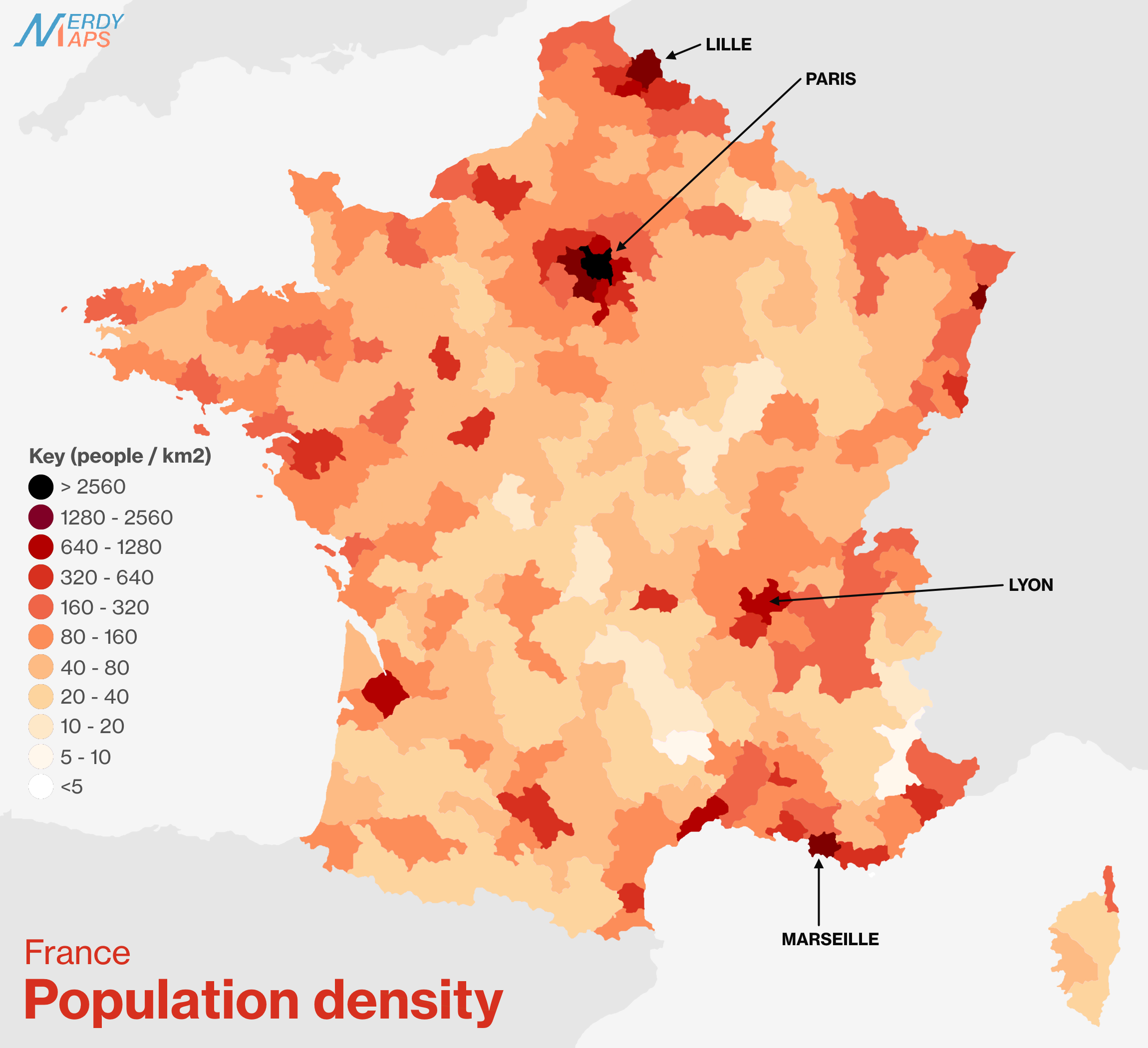 フランスの郡別人口密度
