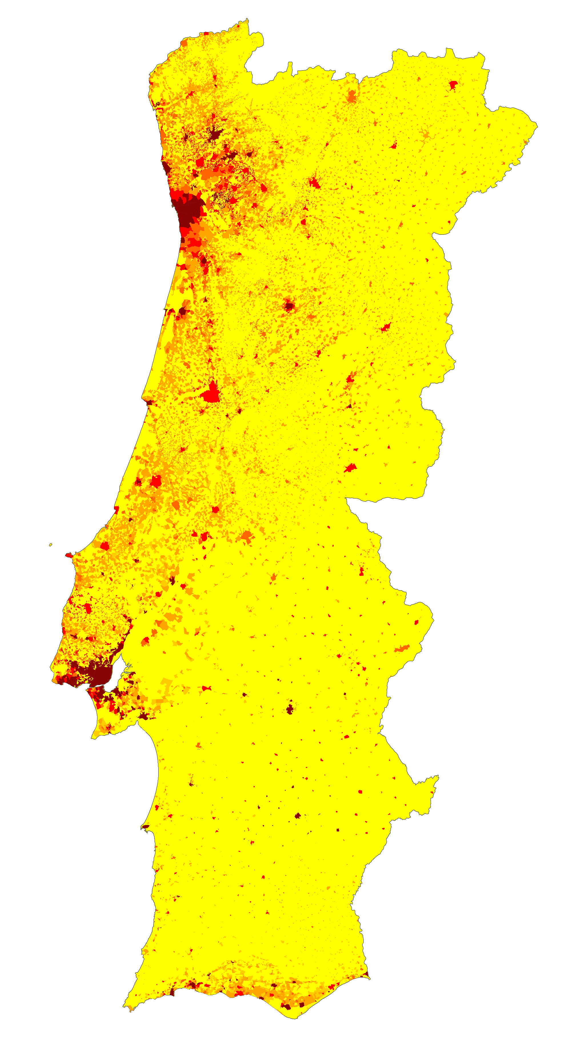 Kepadatan penduduk di Portugal Daratan berdasarkan wilayah statistik (per km2): 0-49 (kuning muda); 50-99 (kuning tua); 100-499 (oranye muda); 500-999 (oranye tua); 1000-1999 (merah); 2000+ (merah tua).