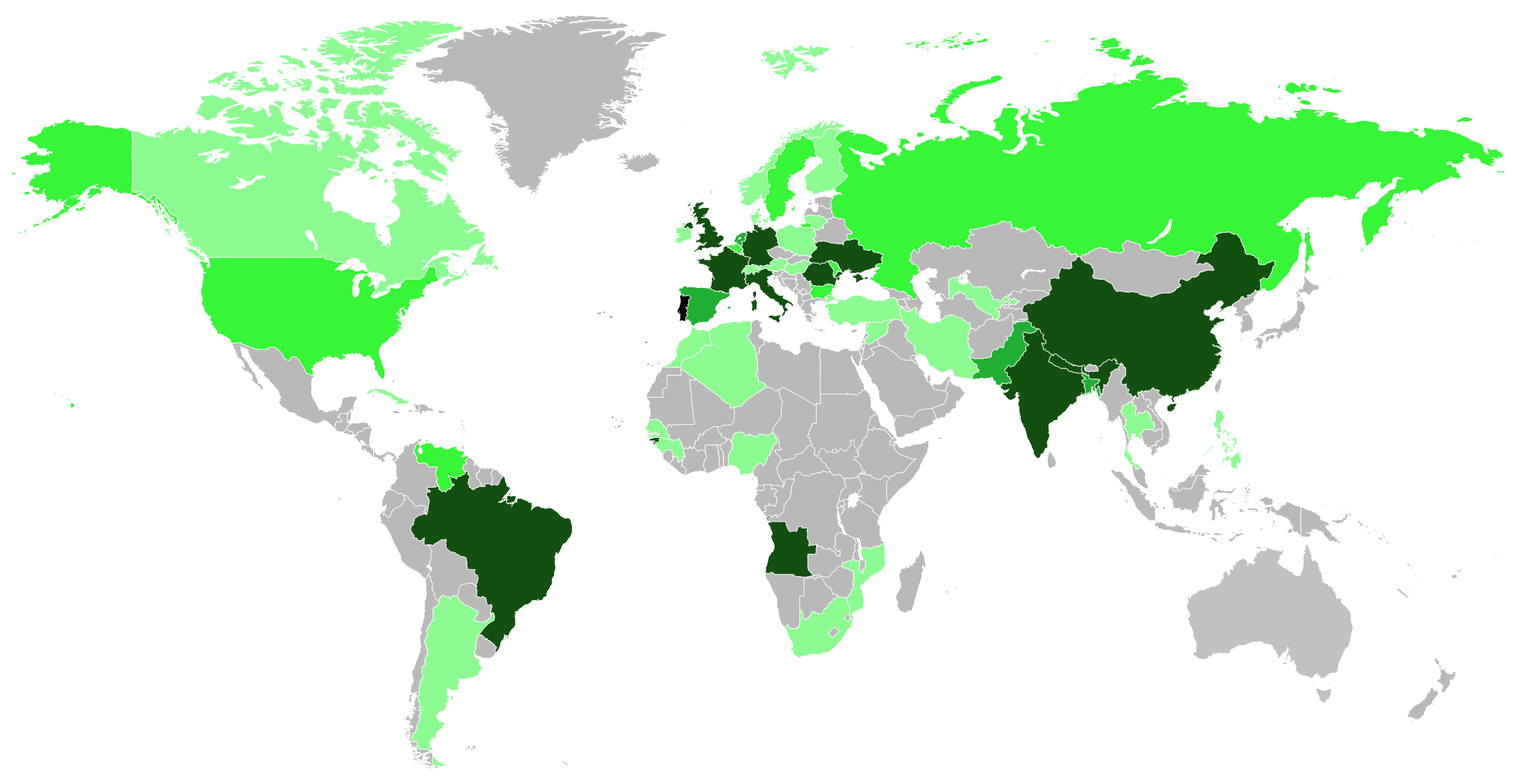 Orang asing yang tinggal di Portugal per tahun 2022 berdasarkan negara asal. Hanya komunitas dengan 1.000+ penduduk yang ditampilkan.