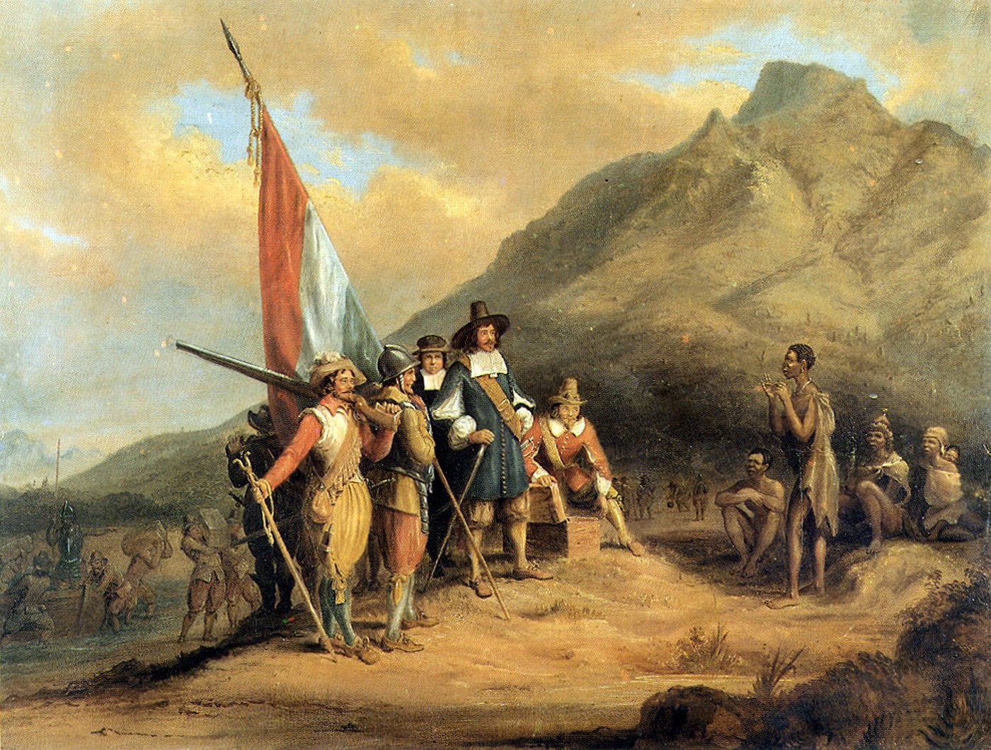 Lukisan abad ke-19 oleh Charles Davidson Bell menggambarkan Jan van Riebeeck, yang mengasaskan penempatan Eropah pertama di Afrika Selatan, tiba di Teluk Table pada tahun 1652
