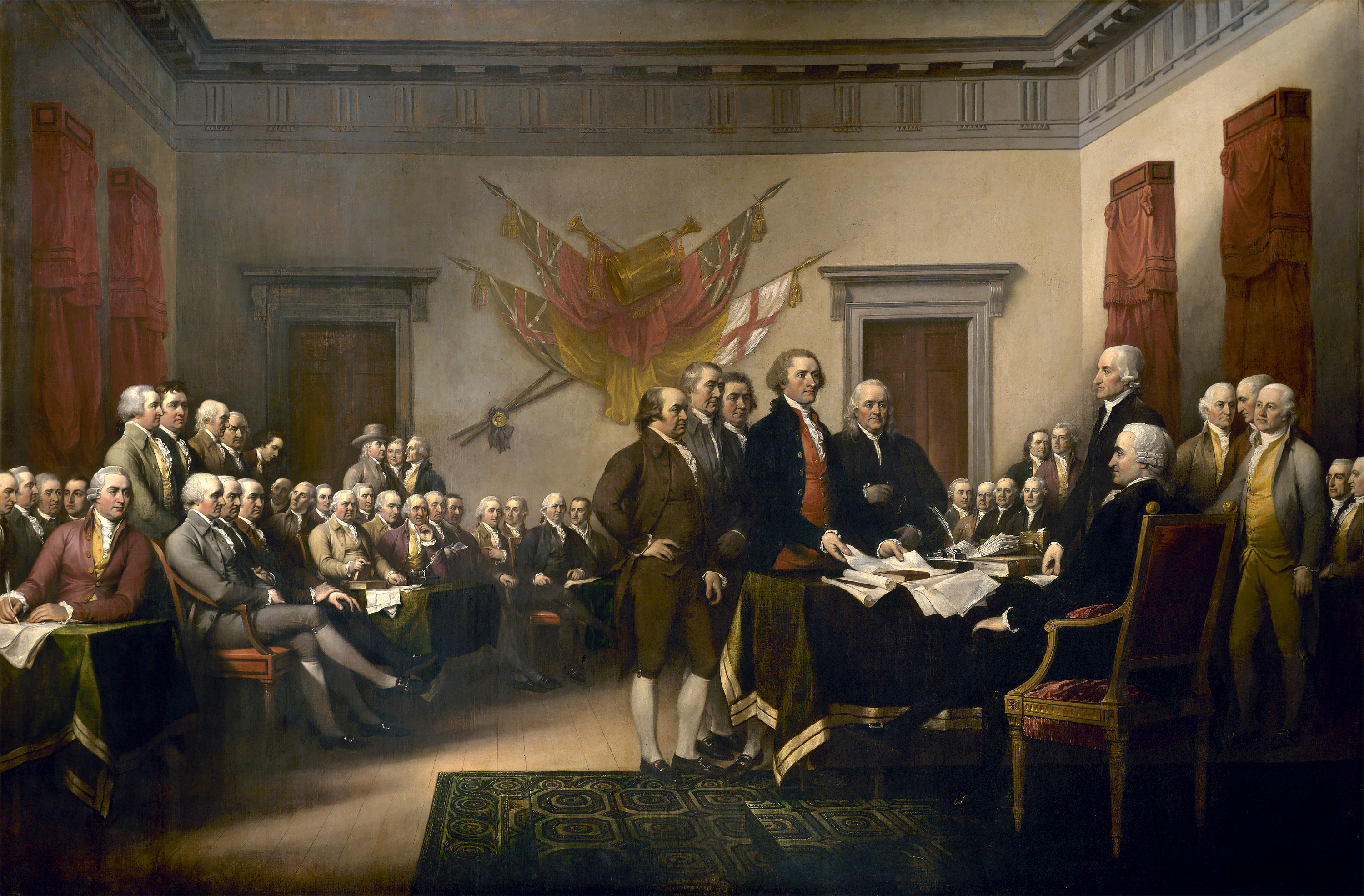 Perisytiharan Kemerdekaan, sebuah potret oleh John Trumbull yang menggambarkan Jawatankuasa Lima membentangkan draf Perisytiharan kepada Kongres Benua pada 28 Jun 1776, di Philadelphia.