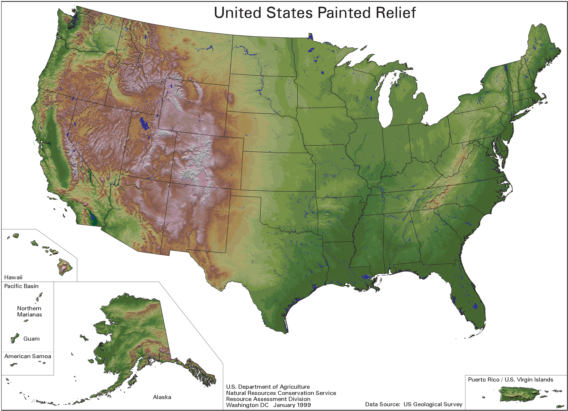 Sebuah peta topografi Amerika Syarikat.