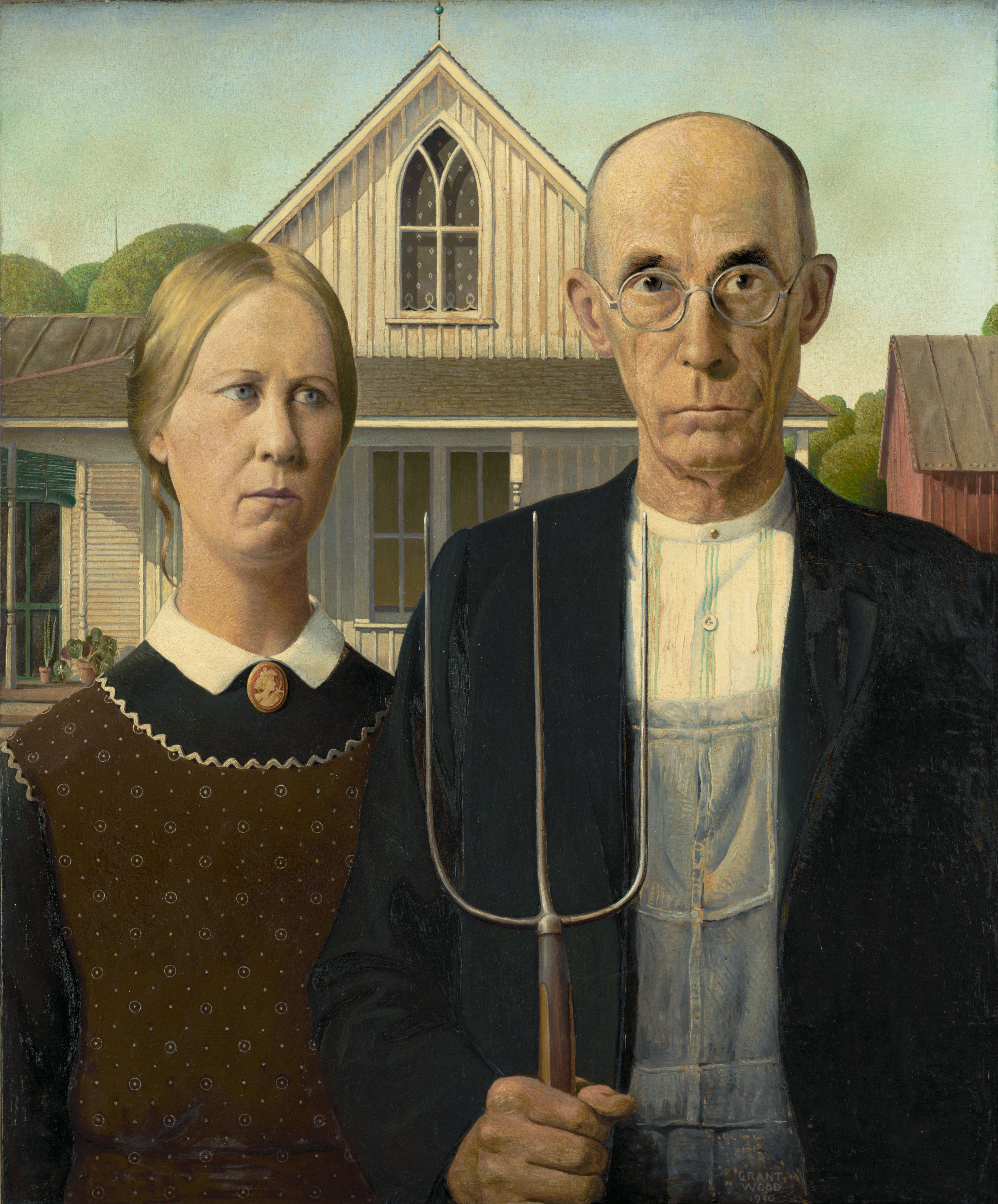 American Gothic (1930) oleh Grant Wood adalah salah satu lukisan Amerika paling terkenal dan banyak diparodikan.