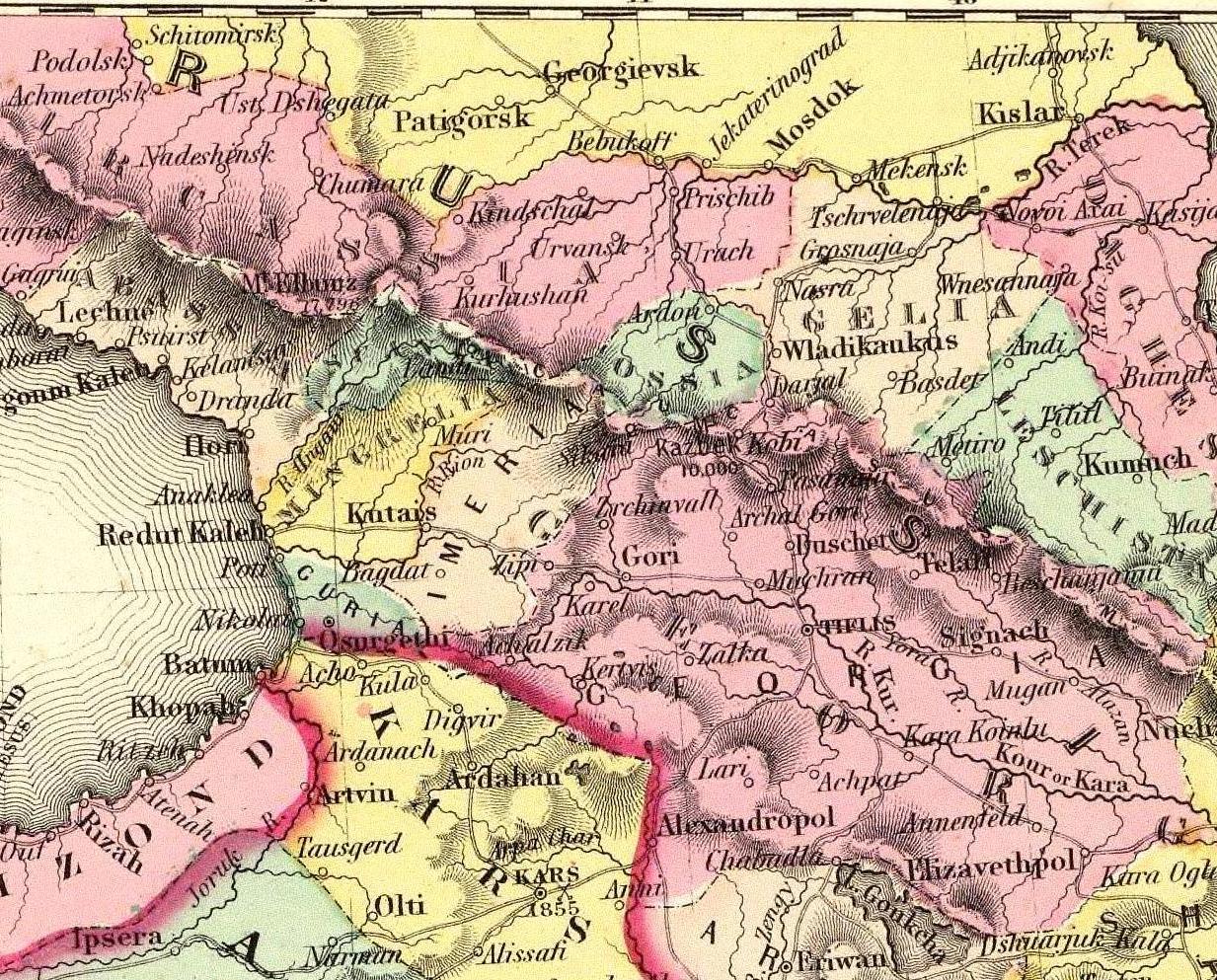 Fragmen peta tahun 1856 karya J. H. Colton yang menggambarkan wilayah Kaukasus. Ossetia Selatan modern terletak di bawah