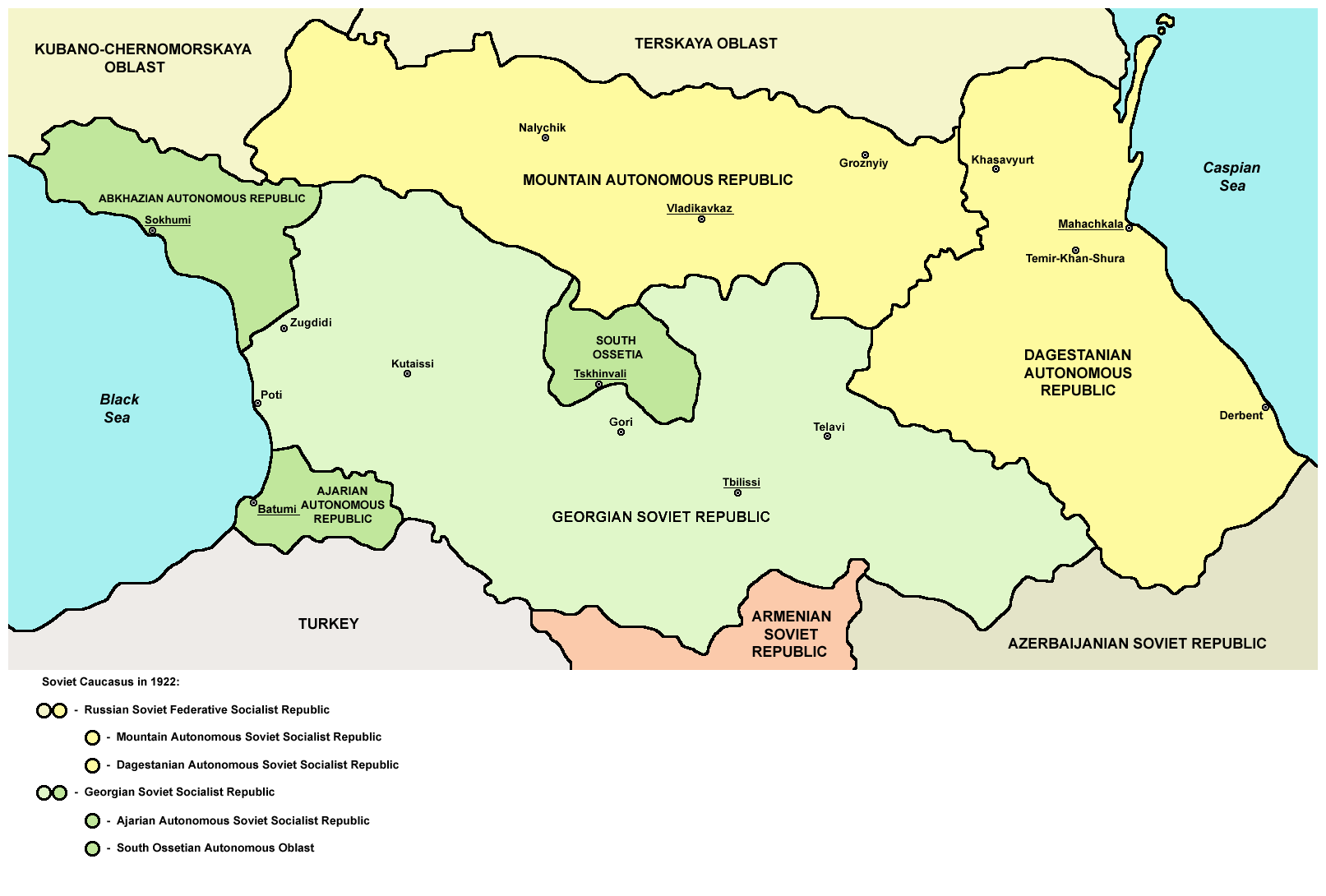 Peta Oblast Otonom Ossetia Selatan pada tahun 1922.