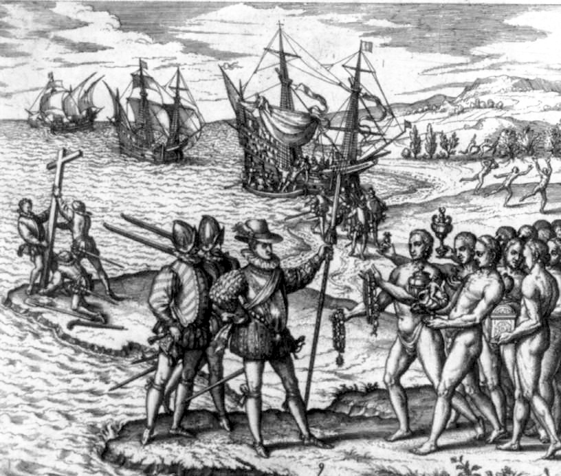 Christopher Columbus landing on Hispaniola in 1492, claiming the island for Spain.