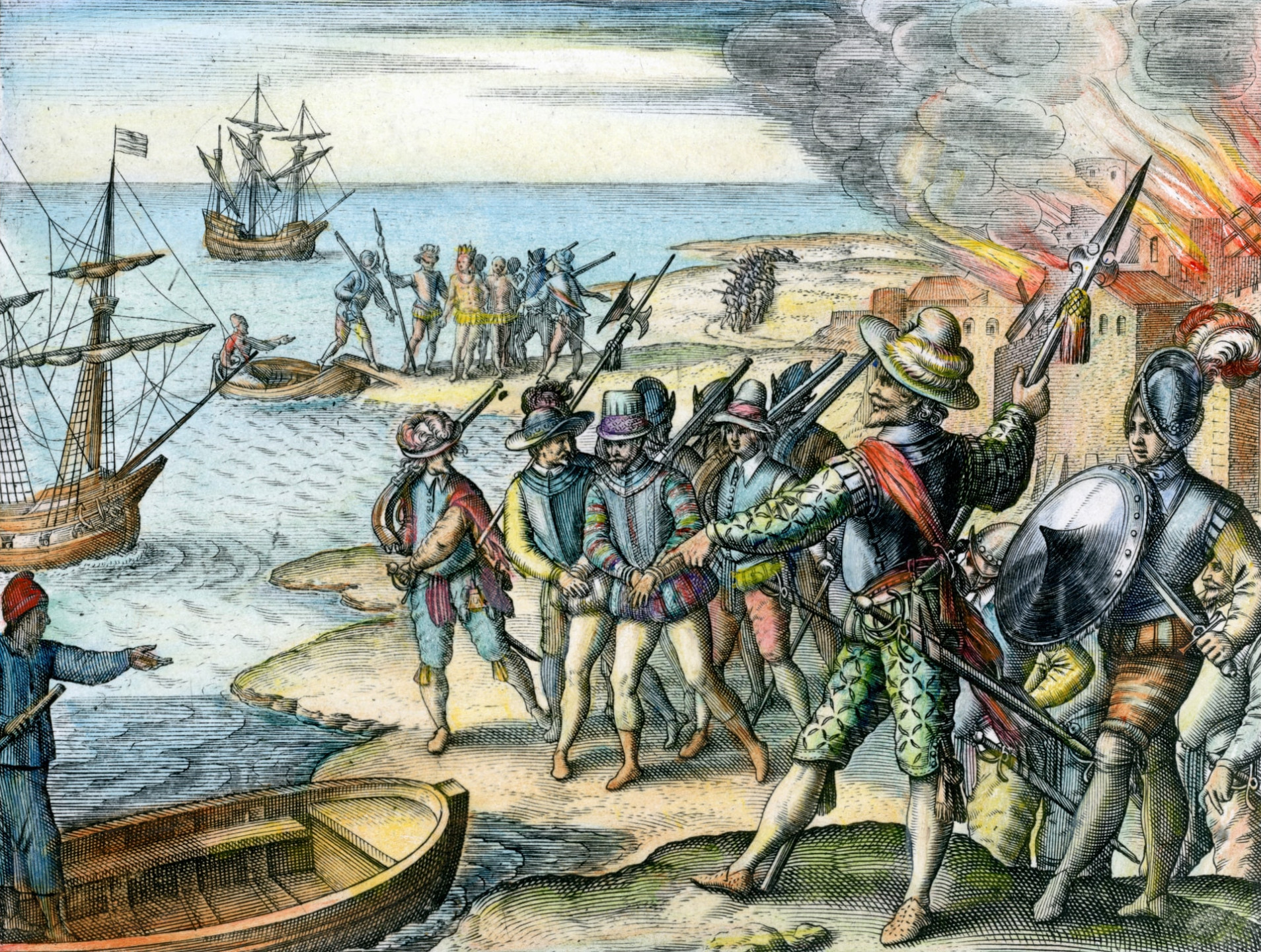 Perompak Inggris Walter Raleigh menyerbu pemukiman Spanyol di Trinidad pada tahun 1595