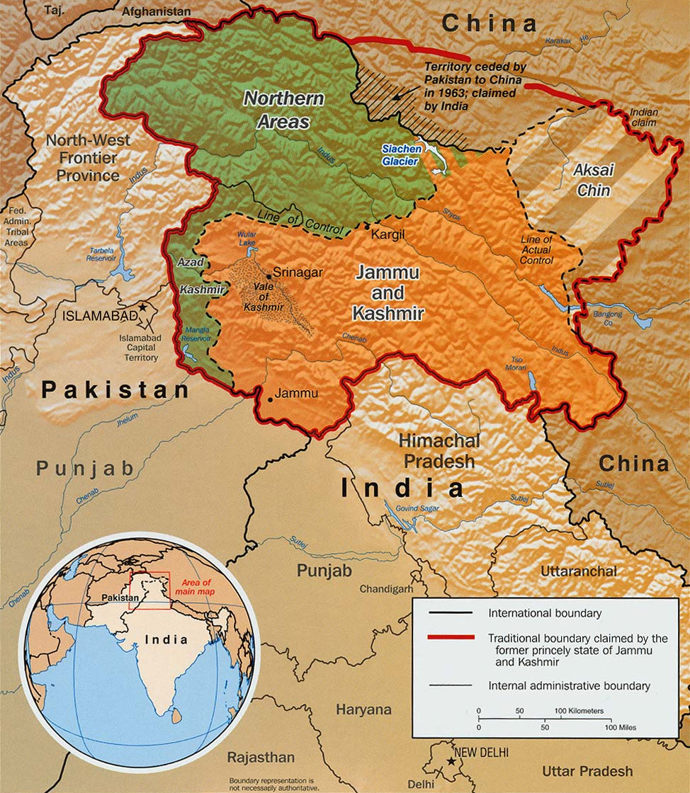 Kawasan yang ditunjukkan dalam warna hijau adalah kawasan yang dikuasai oleh Pakistan.