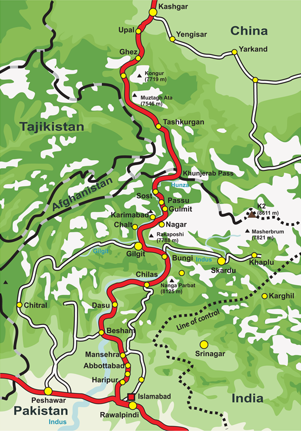 Lebuhraya Karakoram, menghubungkan Pakistan ke China, adalah salah satu jalan berturap tertinggi di dunia.