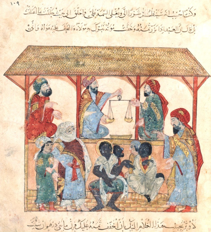 Ilustrasi buku abad ke-13 yang dihasilkan di Baghdad oleh al-Wasiti menunjukkan pasar hamba di bandar Zabid di Yaman