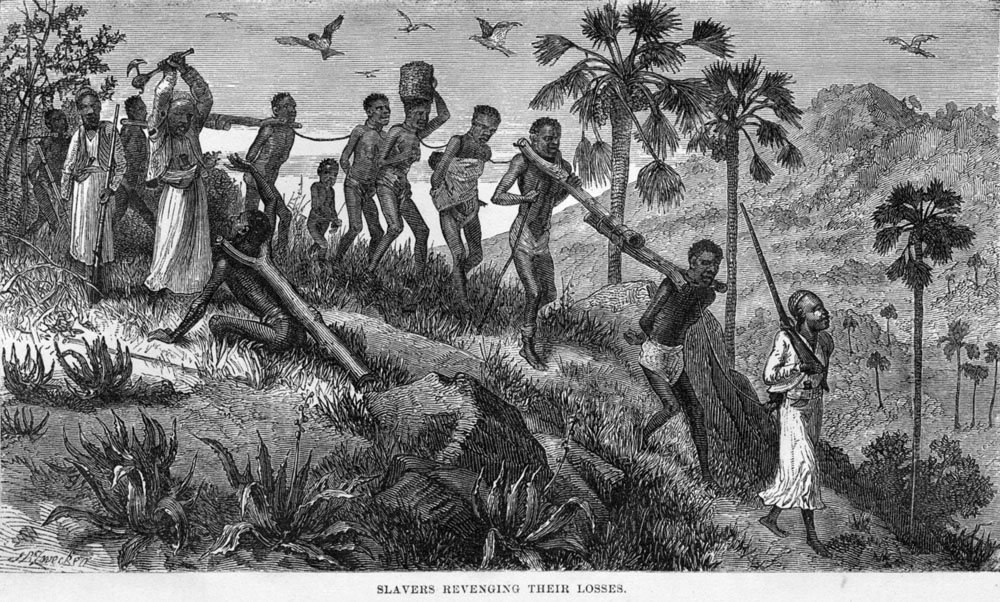 Pedagang budak Arab-Swahili dan tawanan mereka di Sungai Ruvuma, menggambarkan salah satu aspek kelam perdagangan di wilayah ini.