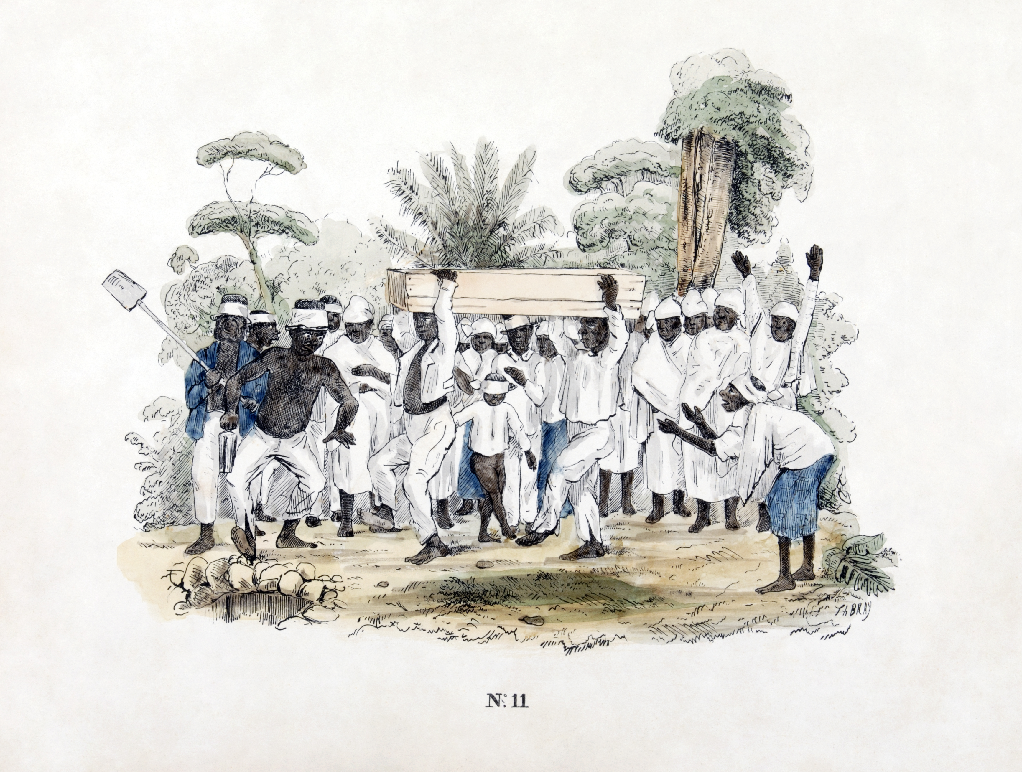 Upacara pemakaman di perkebunan budak, Suriname. Litograf berwarna yang dicetak sekitar tahun 1840-1850, dipugar secara digital.
