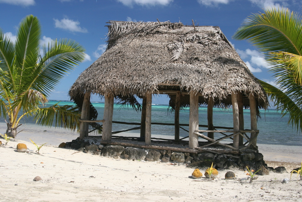 A traditional Samoan fale (house) on Manono Island, characterized by its open structure designed for the tropical climate.