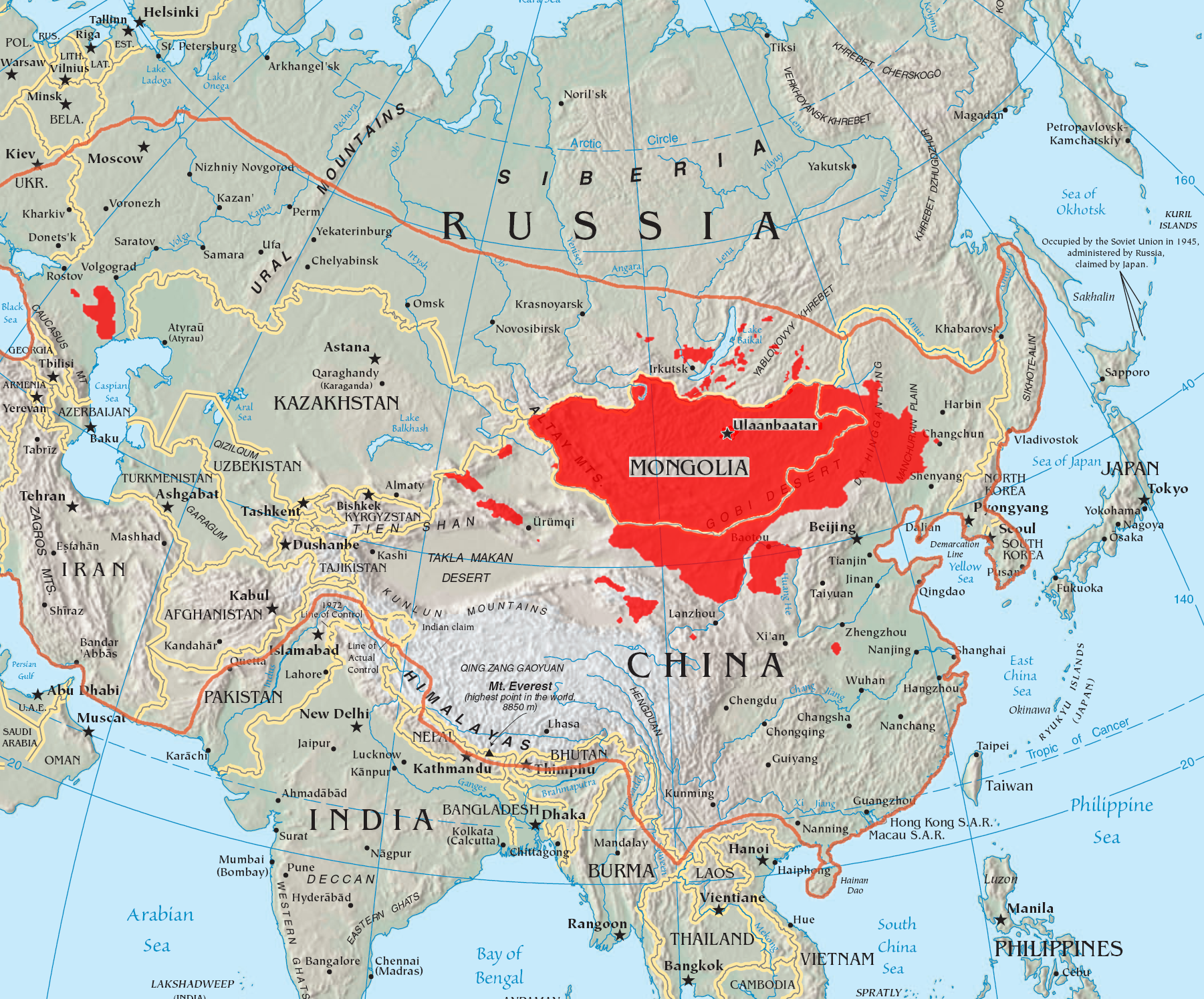 Peta ini menunjukkan sempadan Empayar Mongol abad ke-13 berbanding dengan Mongol hari ini. Kawasan merah menunjukkan tempat tinggal majoriti penutur bahasa Mongolia hari ini