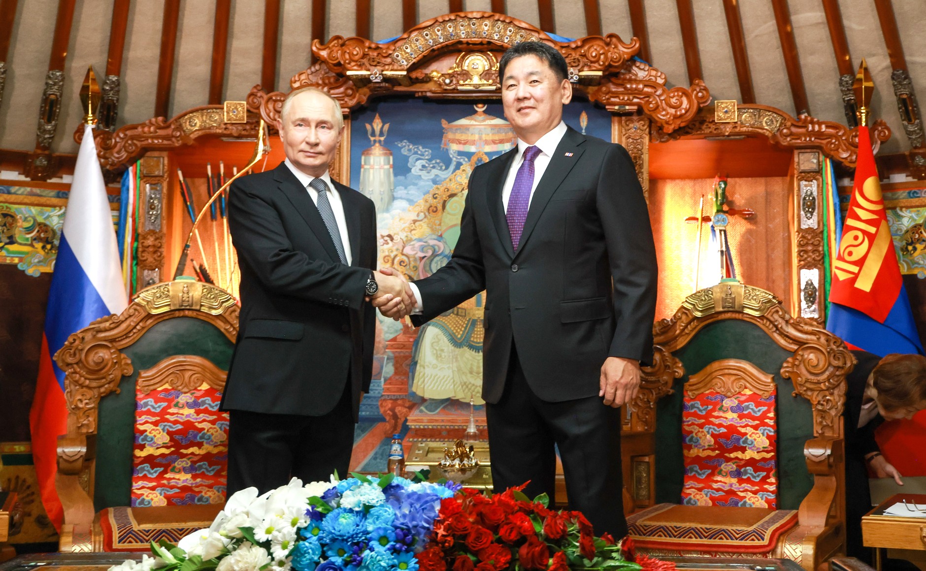 Presiden Mongolia Ukhnaagiin Khürelsükh bersama Presiden Rusia Vladimir Putin di Ulaanbaatar, Mongolia, 3 September 2024