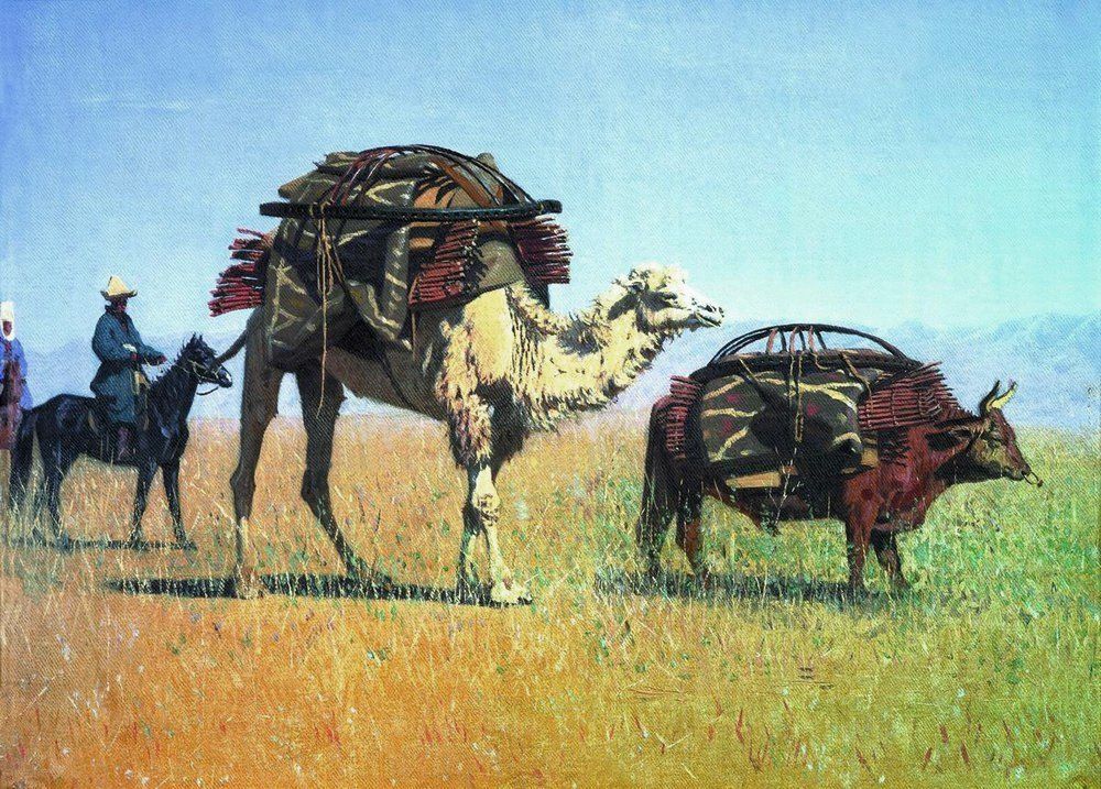 Penggambaran nomaden Kirgiz yang sedang berpindah, sekitar tahun 1869-1870, oleh Vasily Vereshchagin.