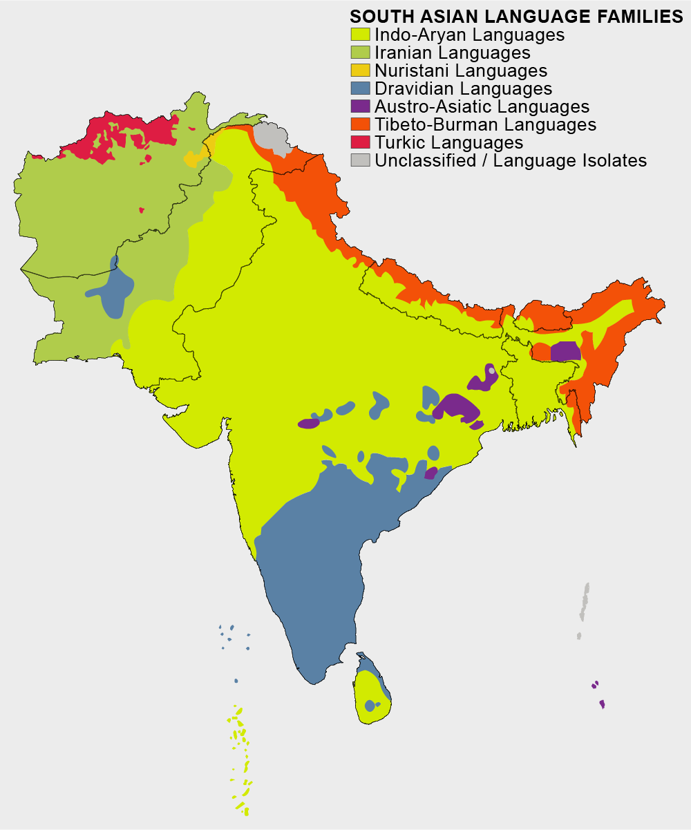 Keluarga bahasa di Asia Selatan (hijau = bahasa Indo-Arya, hijau gelap = bahasa Iran, kuning = bahasa Nuristan, biru = bahasa Dravida, oren = bahasa Tibeto-Burma, ungu = bahasa Austroasiatik)