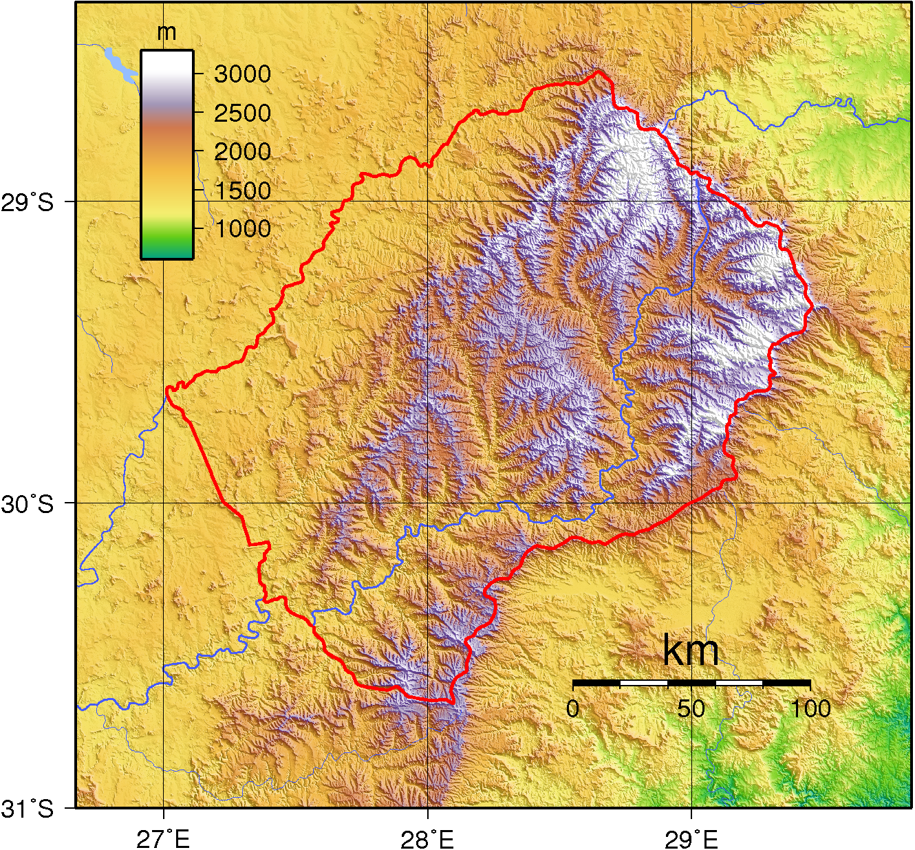 Peta topografi Lesotho.