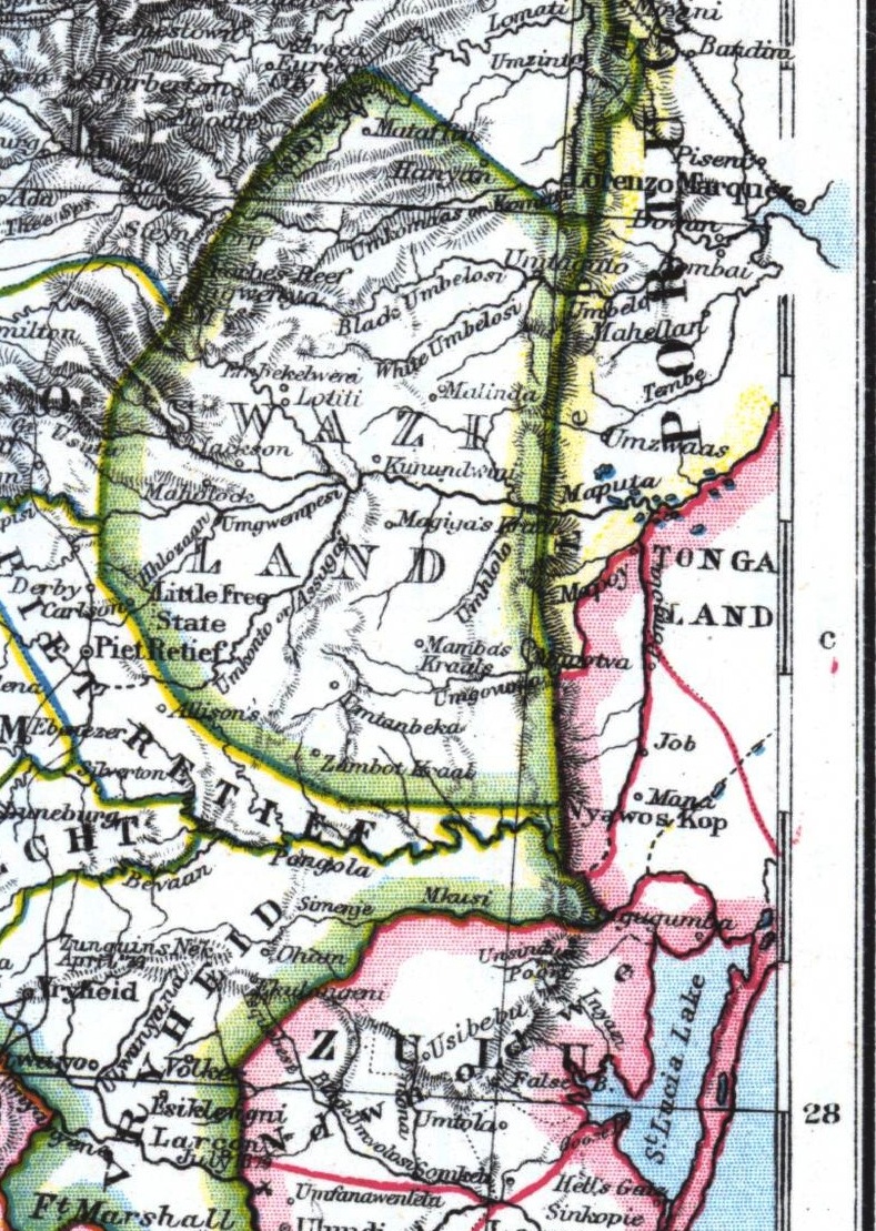 Swaziland, perincian daripada peta Johnston & Johnston (Edinburgh, 1897). Sungai Umbelosi Hitam dan Putih serta penempatan seperti Malinda, Kunudwini dan Lotiti ditunjukkan.