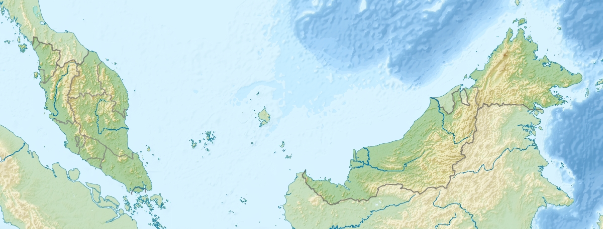 Peta topografi Malaysia; Gunung Kinabalu ialah puncak tertinggi di negara ini.