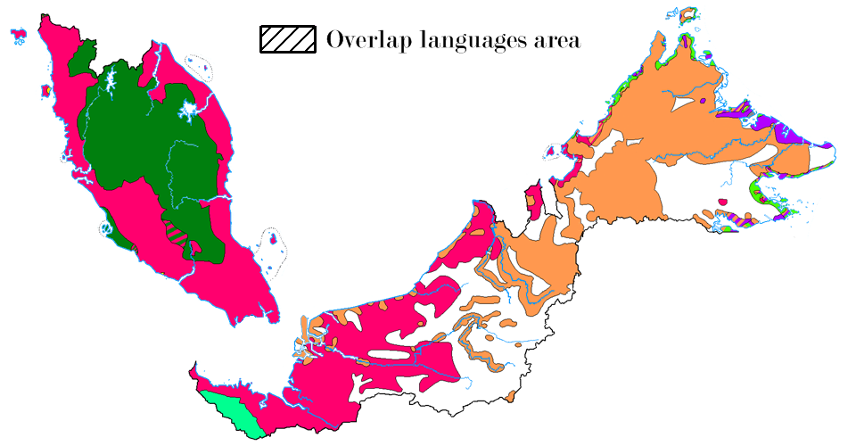 Taburan keluarga bahasa di Malaysia: MelayuikBahasa Melayu (merah jambu), Borneo (jingga), Aslian (hijau tua), Dayak Darat (hijau muda), Sama-Bajau (hijau limau), Filipina (ungu), Cina (kuning), dan kawasan dengan pelbagai bahasa (kelabu).