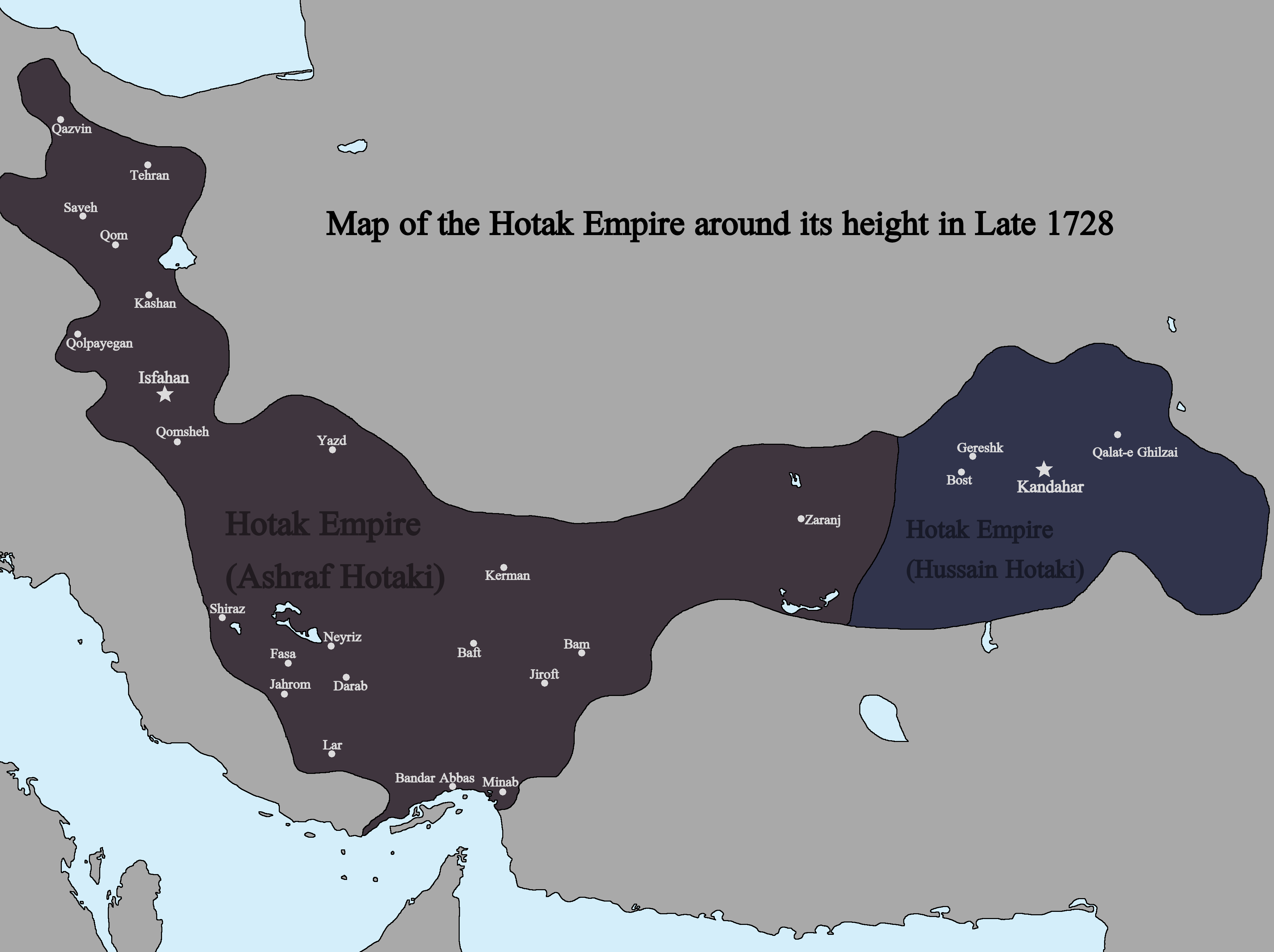 Peta Empayar Hotak pada kemuncaknya pada tahun 1728, dipertikaikan antara Hussain Hotak (berpusat di Kandahar) dan Ashraf Hotak (berpusat di Isfahan)