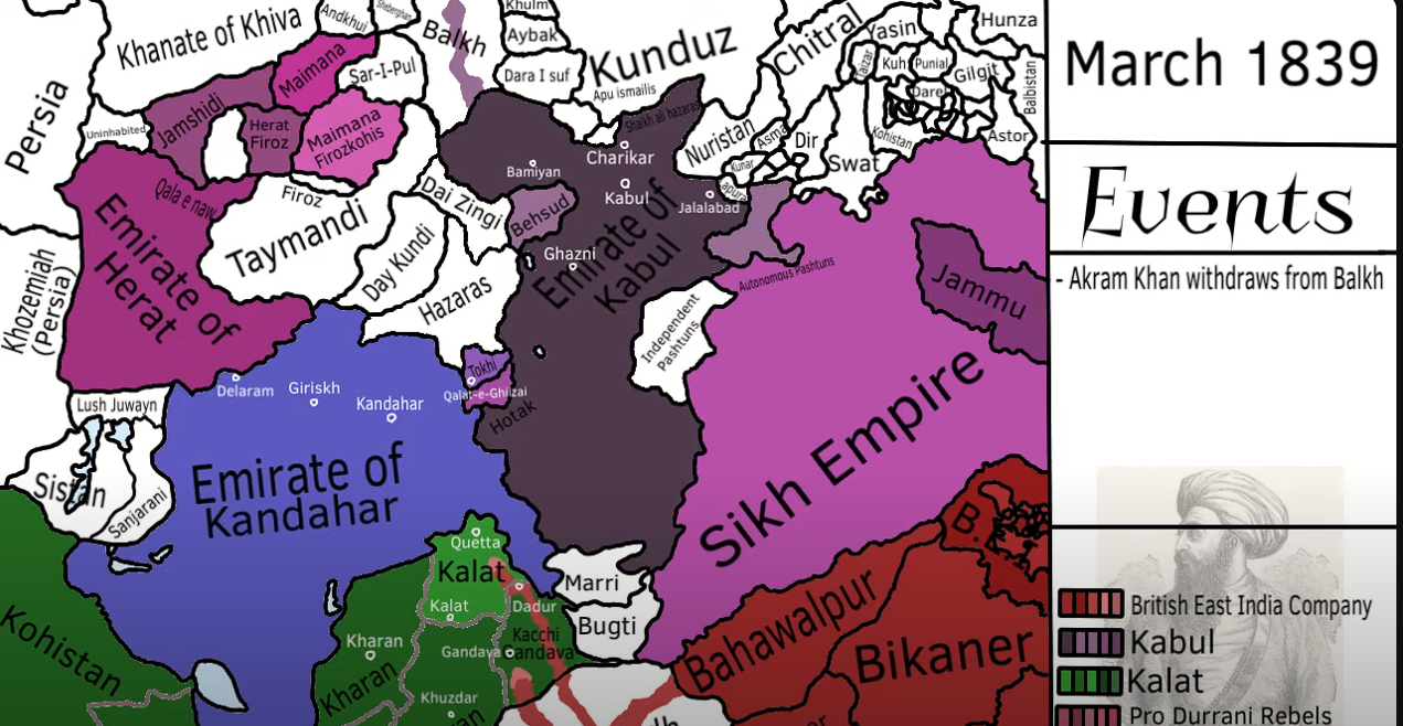 Peta Afghanistan (Emiriah) dan negara-negara sekitarnya pada tahun 1839, semasa Perang Inggeris-Afghanistan Pertama. Wilayah Dost Mohammad Khan boleh dilihat sebagai Emiriah Kabul, dengan Kepengiranan Qandahar dan Emiriah Herat juga kelihatan.