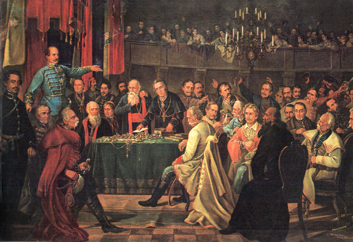 ヨシップ・イェラチッチバン、最初の近代的クロアチア議会(サボル)の開会式にて(1848年6月5日)。背景にはクロアチアの三色旗が見える。