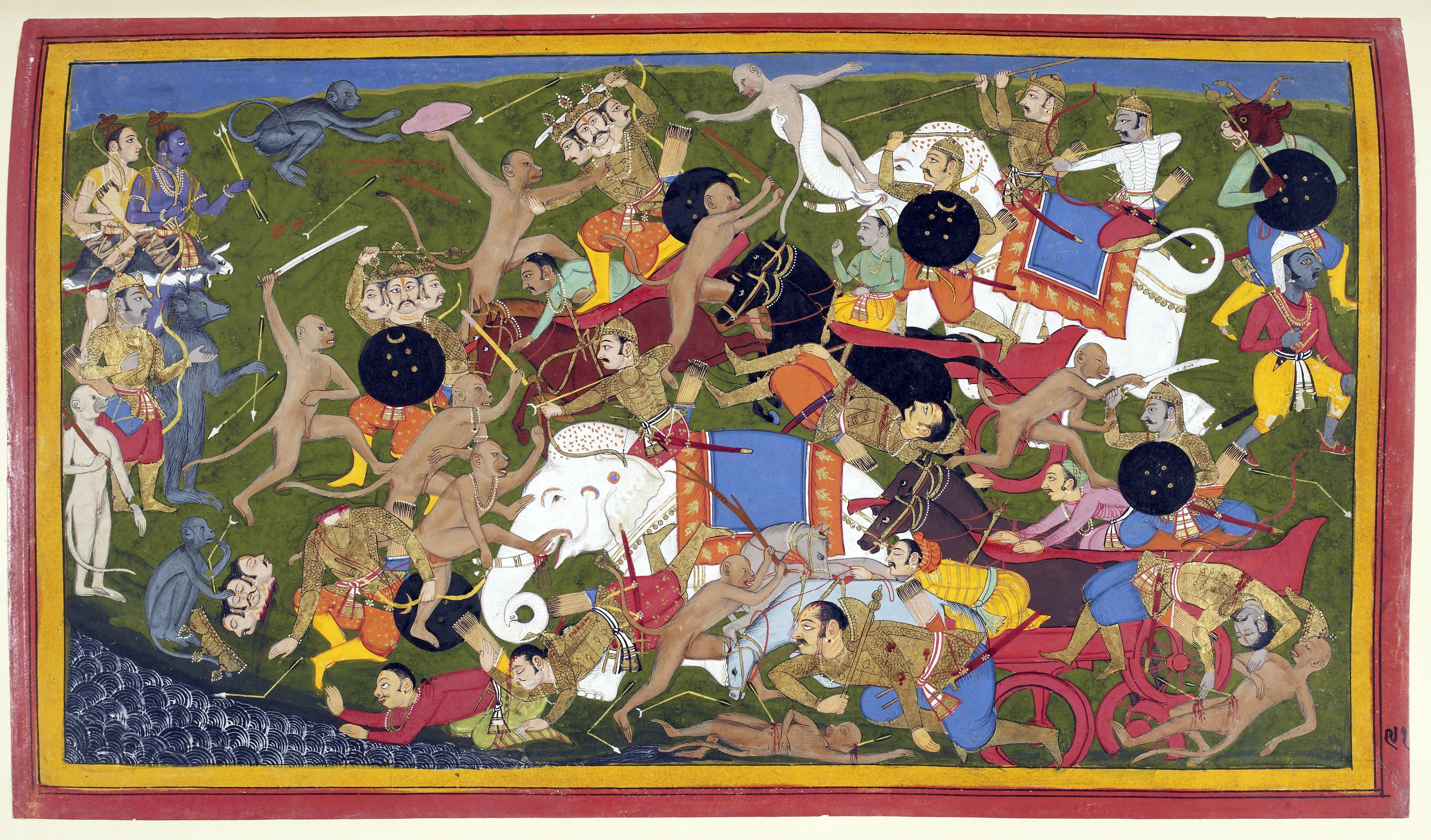 Ilustrasi manuskrip, sekitar tahun 1650, epik Sanskrit Ramayana, yang digubah dalam bentuk penceritaan sekitar 400 SM hingga 300 Masihi
