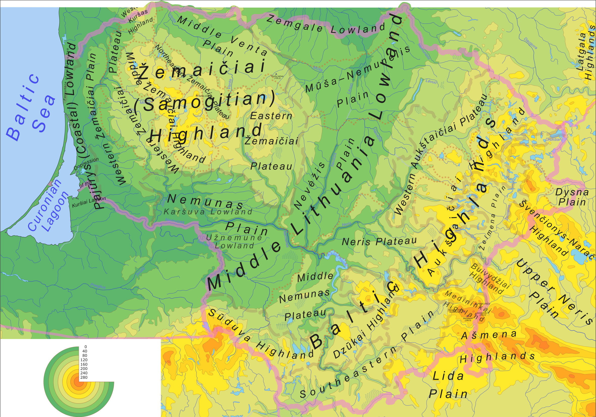 Peta fizikal dan pembahagian geomorfologi Lithuania