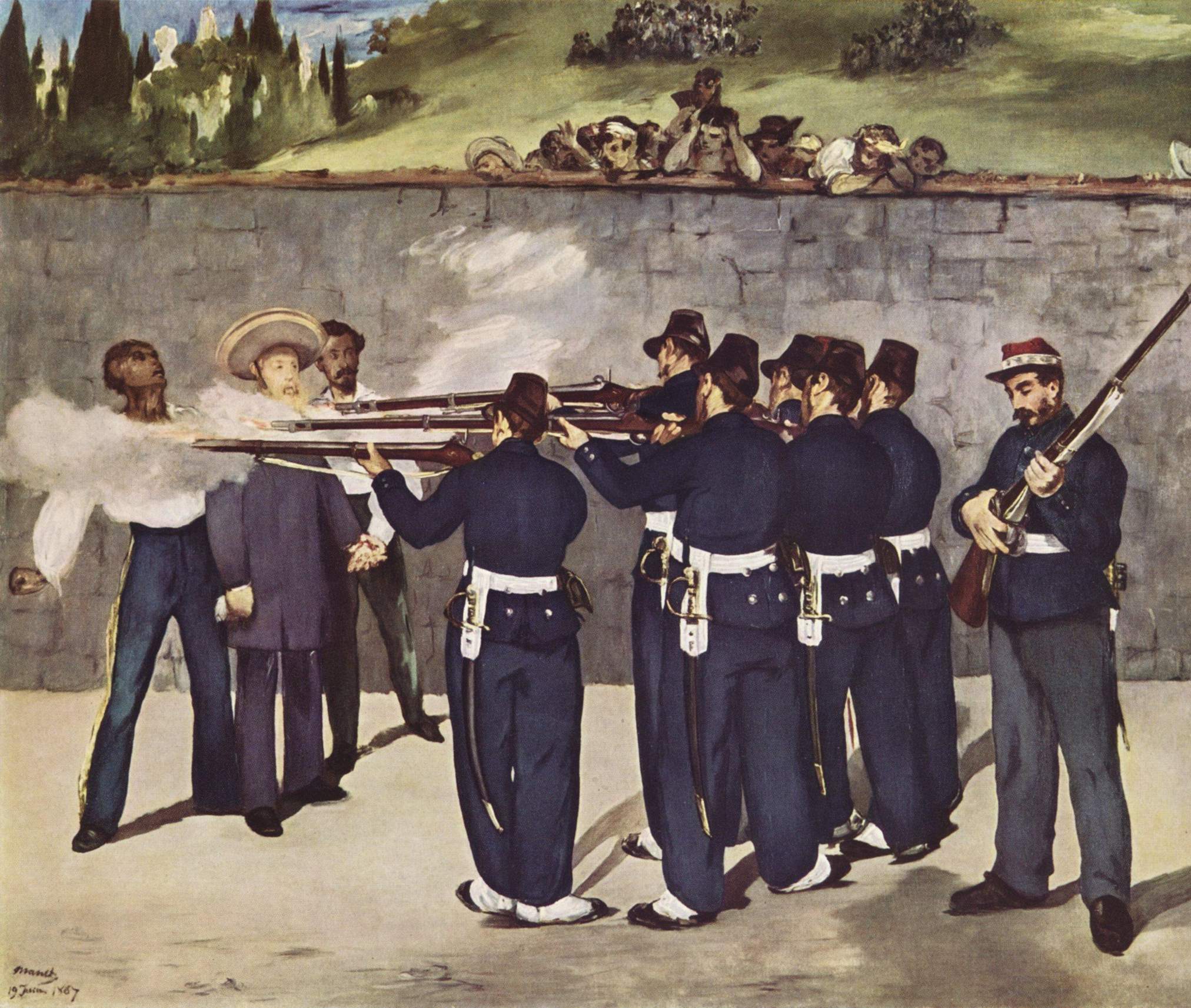 막시밀리안 황제 처형 장면, 1867년 6월 19일. 토마스 메히아 장군(왼쪽), 막시밀리안(중앙), 미겔 미라몬 장군(오른쪽). 에두아르 마네 그림, 1868년.