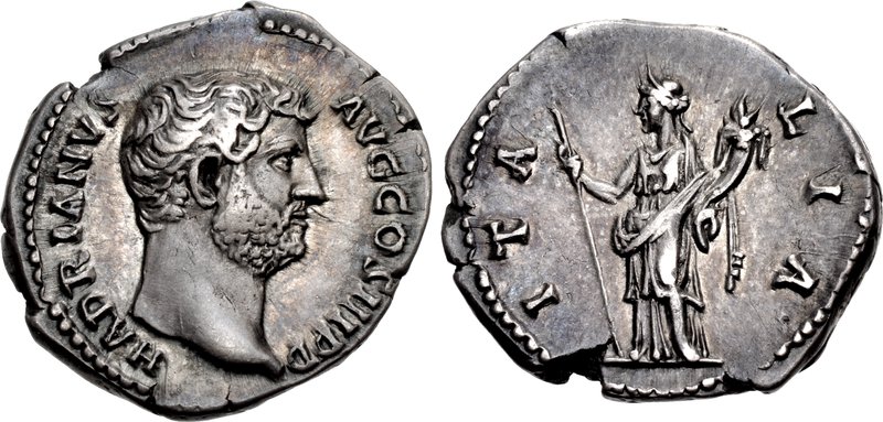 Denarius kaisar Romawi Hadrian yang menampilkan tulisan ITALIA di tepi personifikasi Italia yang memegang tongkat kerajaan dan kornukopia